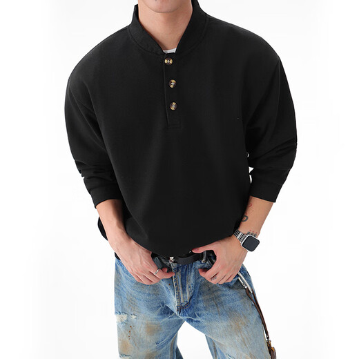Homlean Heavy Henley Collar Solid Color Sweatshirt Men's Spring Fashion Versatile Loose Casual Bottoming Top HQ00 Black L