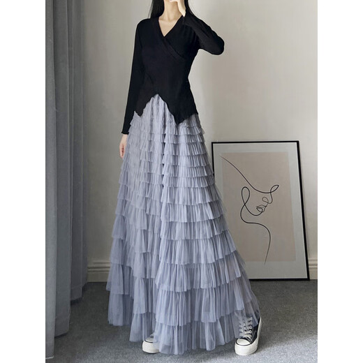 Xianqi mesh cake skirt for women 2025 autumn new mid-length skirt a-line skirt high-end pleated umbrella skirt black one size fits all recommended 80-155 Jin Jin equals 0.5 kg