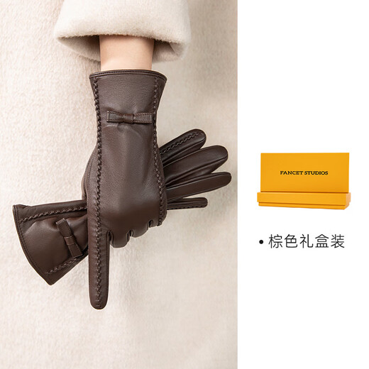 FANCET sheepskin gloves for women winter velvet warm finger gloves driving touch screen bow leather gloves gift box