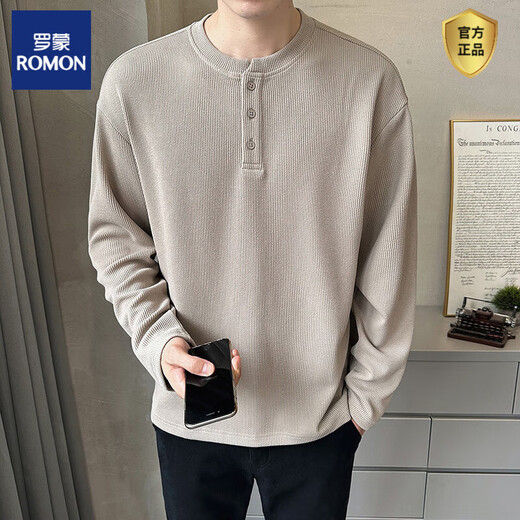 ROMON Henley collar long-sleeved T-shirt for men 2025 new spring and autumn style autumn coat button solid color inner layering shirt sweatshirt for men Gray Apricot M 90-115Jin Jin is equal to 0.5 kg