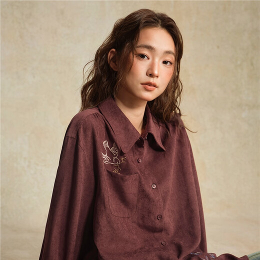 Giordano designer women's new textured embroidered pocket point collar loose long-sleeved shirt 18345223