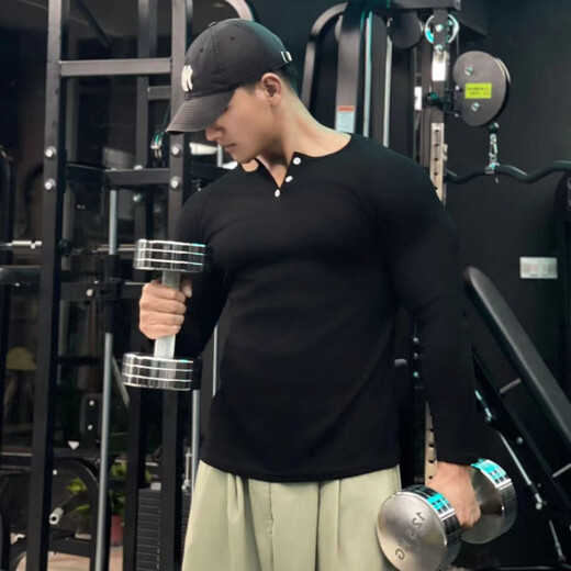 Chuangjingyi chooses fitness long-sleeved American Henry shirt long-sleeved threaded cotton retro men's tough guy raglan fitness show big Henry collar T Henry short-sleeved (black) M suitable for 50-60kg_tight slim fit