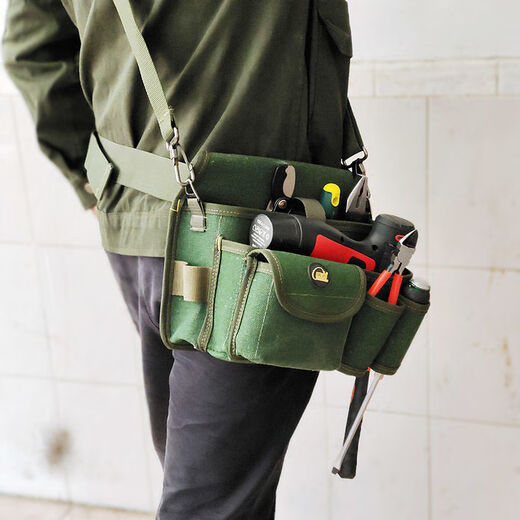 Vinoa Crossbody Reinforced Electrician Tool Bag Canvas Multifunctional Water and Electricity Weak Current Installation Tool Belt Bag Thickened Wear-Resistant and Portable Use Xin03 Military Green Crossbody Enhanced Version (Shoulder Strap + Belt)