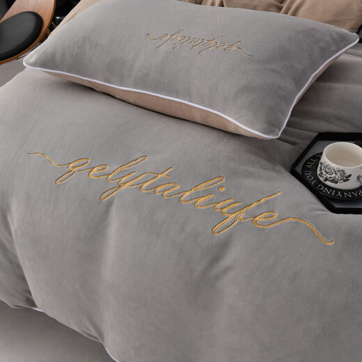 VJEA winter milk velvet four-piece set thickened warm double-sided velvet bed sheet quilt cover anti-static baby velvet high weight elegant - gentleman gray four-piece set 1.8m bed sheet style - quilt cover 200*230cm