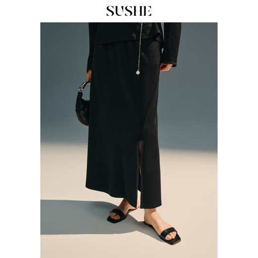 SUSHE Queying minimalist Chinese style smooth hair drop-shaped long-sleeved elastic waist side slit skirt suit Yantian black-skirt M