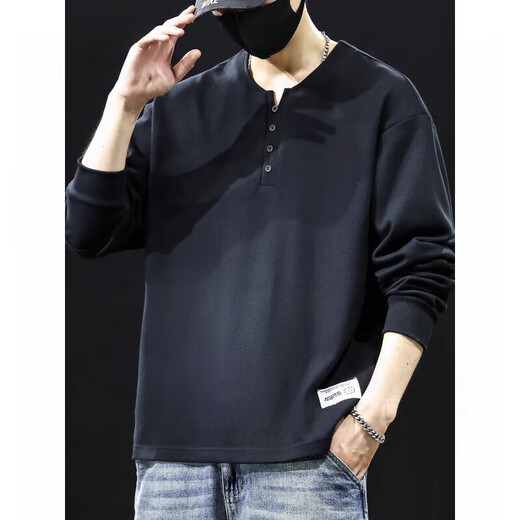Dragon Tooth 320g Heavy Cotton Bottoming Shirt Men's 2025 Autumn New Henley Collar Sweatshirt Men's Long Sleeve Top T-Shirt BN201 Black M 90-110Jin Jin is equal to 0.5 kg