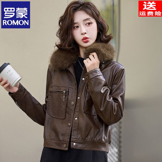 ROMON Haining velvet thickened leather jacket for women 2025 winter new warm small fur collar short leather jacket trendy brown 2XL recommended 110-120Jin Jin equals 0.5 kg