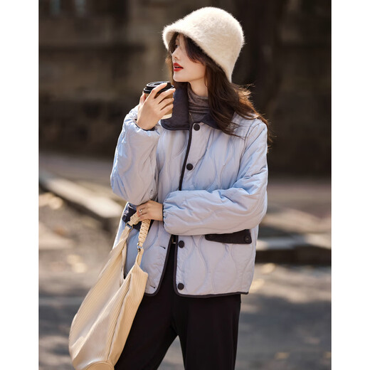 Shangjing Xiaoxiangfeng Contrast Color Lapel Warm Jacket Women 2025 Winter New Thick Diamond Versatile Short Top Women Blue M