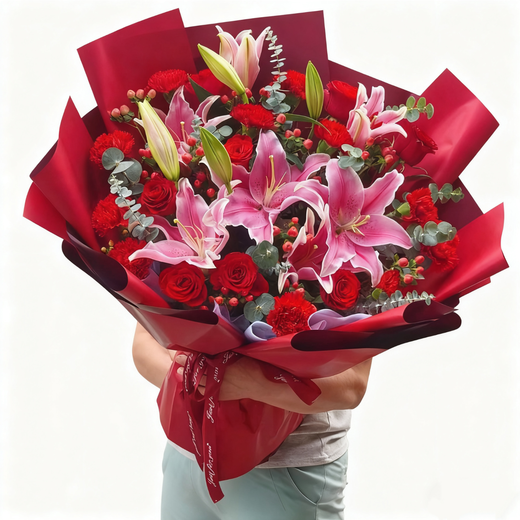 Ramos de claveles de rosas Xinyi Flower Express como regalo para madres y ancianos. Envío de flores a todo el país en la misma ciudad. Ramos mixtos de rosas rojas, claveles y lirios.