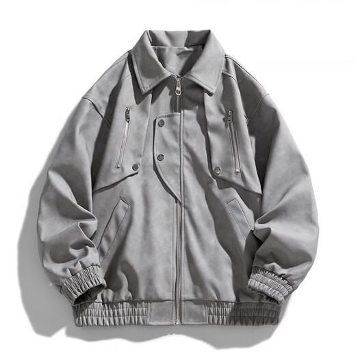 Classic car lapel retro leather jacket men's washed PU leather handsome American casual motorcycle jacket dark gray M