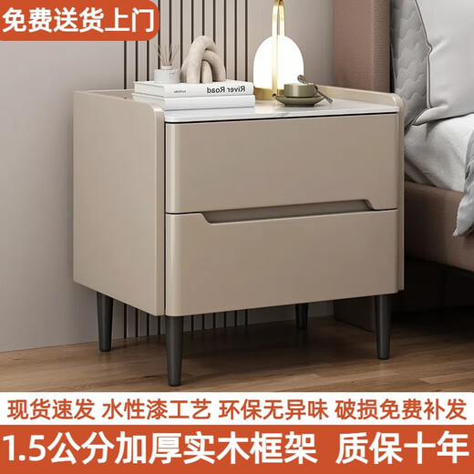 Komplett aus Massivholz lackierter Nachttisch, heller luxuriöser Schiefer-Aufbewahrungsschrank, Schlafzimmer, einfacher moderner Nachttisch, kleiner Wohnungs-Aufbewahrungsschrank, Khaki-Farbe (umweltfreundliches und geruchloses Lackierverfahren auf Wasserbasis), 50 x 40 x 50 cm