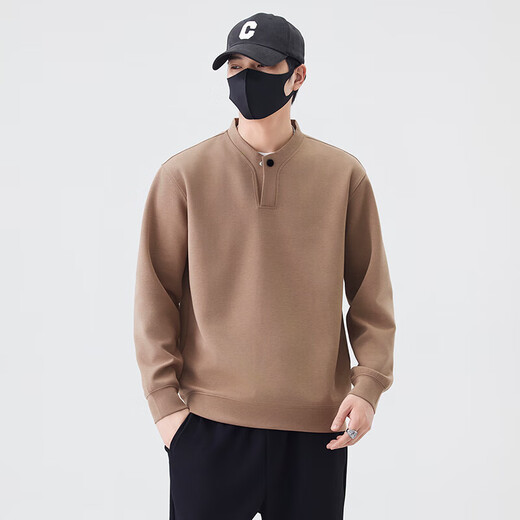 Jiebinlu high-end solid color sweatshirt for men spring and autumn 2025 new trendy loose Henry collar top men's casual bottoming shirt dark gray M recommended 100-120Jin Jin equals 0.5 kg