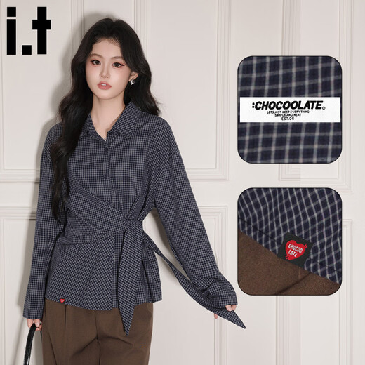 CHOCOOLATE it women's trendy brand Korean temperament strap waist design long-sleeved plaid shirt women's autumn and winter new top women's navy blue L