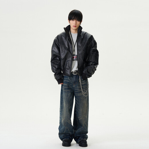 Weilang's shop winter American retro distressed aviator leather jacket cotton jacket men's handsome stand-up collar jacket coat couple New Year black L