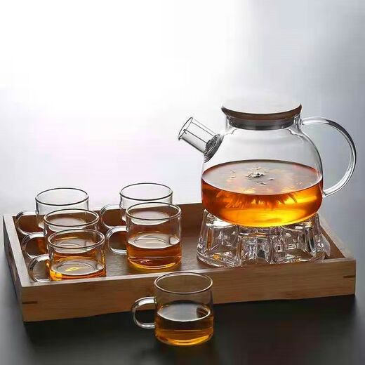 Four seasons teapot teapot set heat-resistant glass tea brewing flower tea filter household water boiling tea cup 1000ml bamboo lid pot + 100ml 4 cups