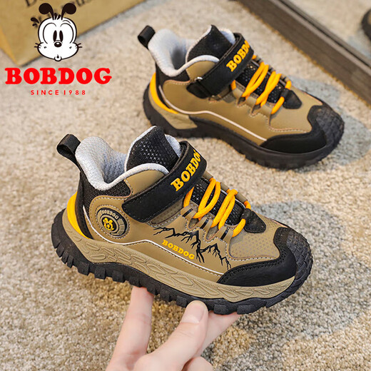 Babu Dou children's cotton shoes winter velvet warm boys' sports shoes leather waterproof primary school students outdoor hiking shoes black brown single shoes 36 (inner length 23.0cm)