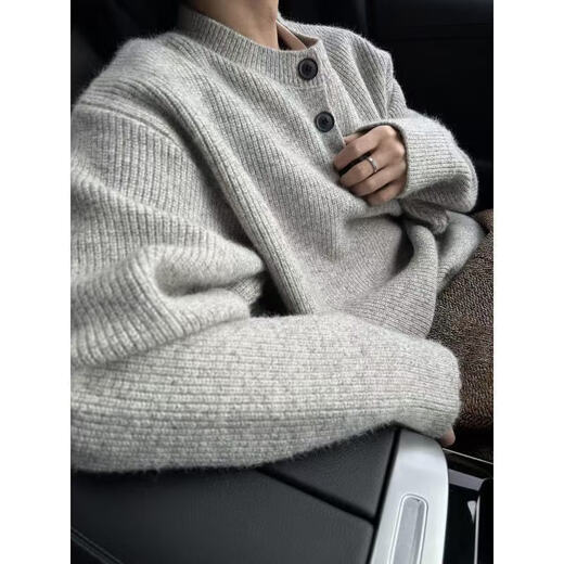 American lazy style retro henley collar sweater cleanfit single-breasted high-end woolen sweater jacket for men gray M