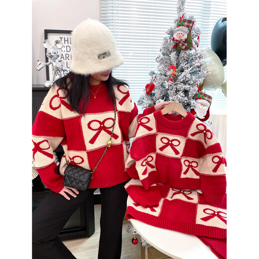 G.duck Chinese New Year parent-child outfits for a family of three, red Year of the Horse sweaters, autumn and winter Christmas mother-son and mother-daughter festive knitted New Year clothes, red 100