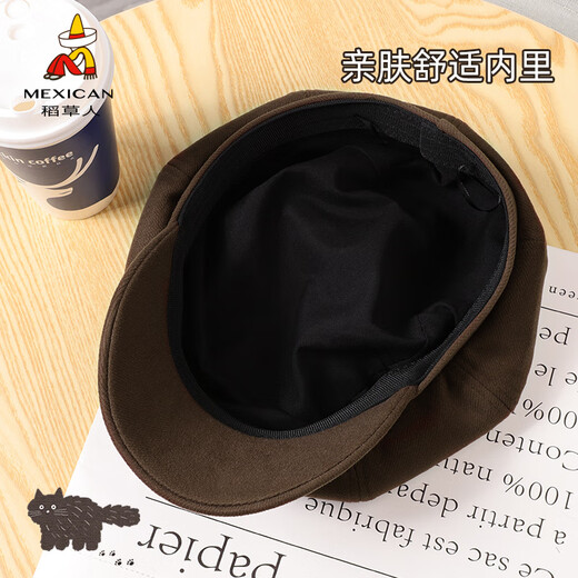 Scarecrow (MEXICAN) Hat Women's Autumn and Winter Octagonal Hat Versatile Big Head Circumference Showing Face Little Painter Hat Retro Beret Newsboy Hat Beige One Size