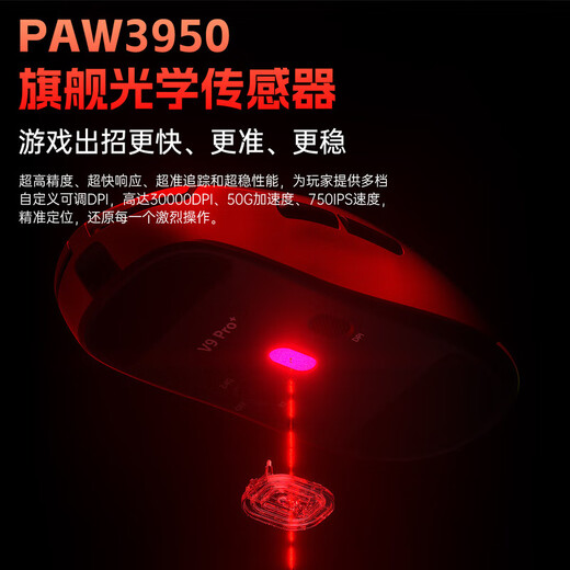 狼蛛（AULA）V9/V9+系列轻量化无线鼠标 2.4G/蓝牙/有线三模电竞超神鼠标PAW3395/3950芯片双8K回报率 V9 Pro 星战红-中小手-PAW3395