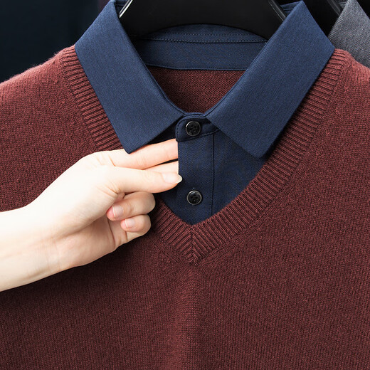 Hengyuanxiang Shirt Collar Sweater Men's Pure Wool 2025 Autumn and Winter New Men's Fake Two-Piece Wool Sweater Tops Business Casual Mineral Gray XL (175) Recommended 150-160 Jin Jin equals 0.5 kg (order according to weight)