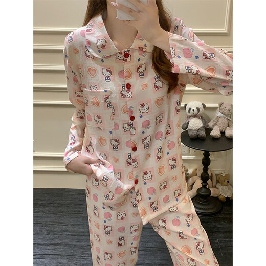 Hengyuanxiang pajamas with chest pad for women in spring and autumn cute cartoon kt cat long sleeves 2025 new casual suit home clothing 16886 Cat bear fixed chest pad XL