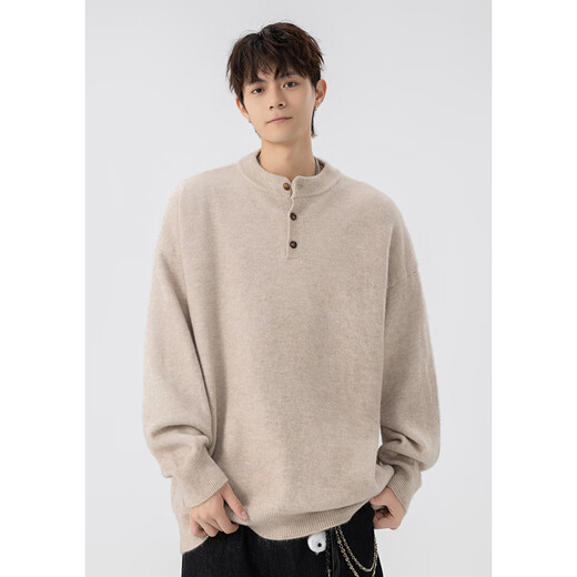 Yilunhe American Henry collar sweater men's autumn and winter trendy brand cleanfit old money style sweater loose lazy style jacket dark gray M