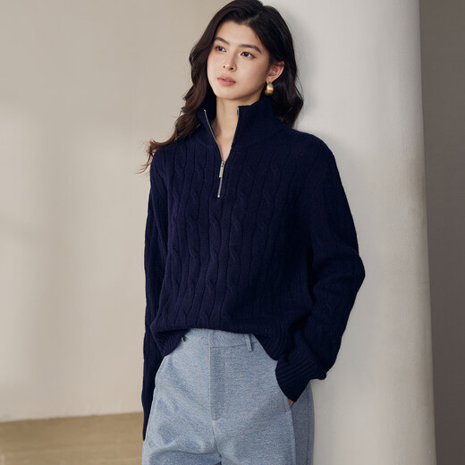 ROEYSHOUSE half-zip stand-up collar twist Raffia knitted sweater for women winter light luxury 100% sheep wool sweater top 13176 dark blue M (applicable to normal S/M size)