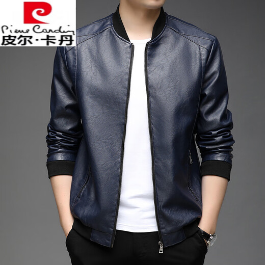 Pierre Cardin high-end men's spring thin genuine leather jacket Haining baseball collar leather jacket motorcycle jacket casual men's jacket black XL 175110-130Jin Jin is equal to 0.5 kg