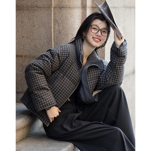 Demana двусторонняя жаккардовая куртка с узором «гусиные лапки», зима 90, утиный пух, воротник-стойка, четырехслойная короткая свободная женская куртка-пуховик