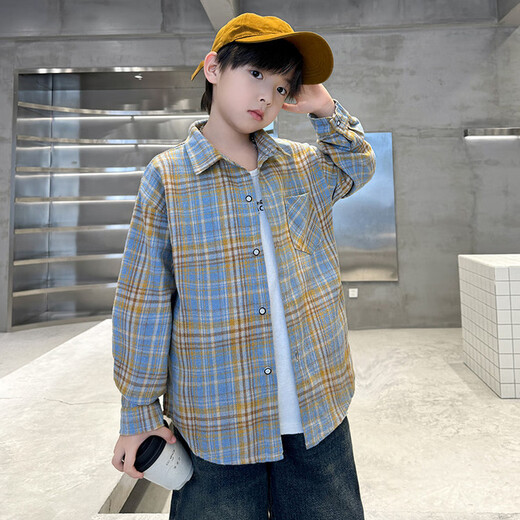 G.duck brand children's clothing boys' plaid shirts spring and autumn children's long-sleeved shirts boys' autumn clothes medium and large children's autumn clothes yellow 140