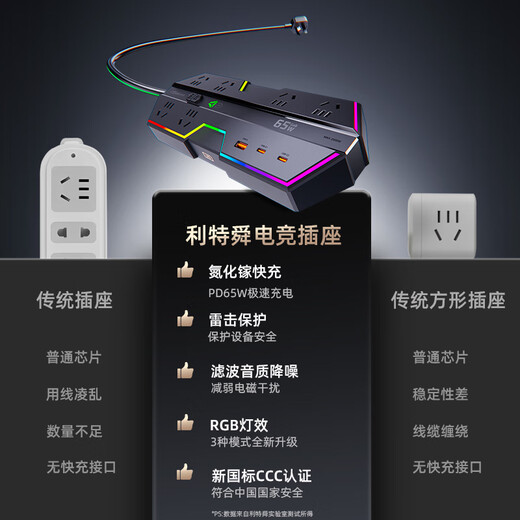 LiTeShun Gaming Power Strip 65W Gallium Nitride Fast Charging Socket Multifunctional Desktop Intelligent Power Strip Computer Multi-socket Power Strip Gaming Room Table Set Mobile Phone Charging Type-C Gift 2 Meters Eight Ports in One - Lightning Protection and Anti-Surge