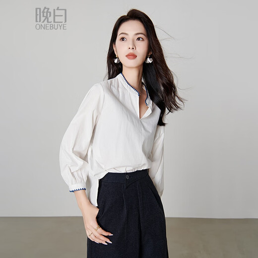 Late White New Product 2025 Autumn Style Top V-neck Fashion Versatile Light Workplace Cotton Shirt Women White M
