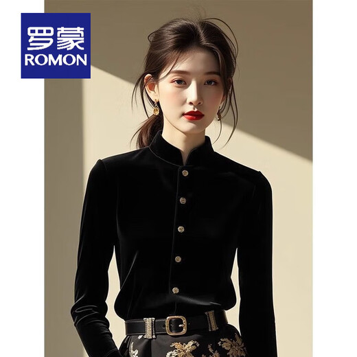 ROMON New Chinese style black velvet bottoming shirt for women autumn and winter new niche stand-up collar shirt with horse skirt top black S 80-95Jin Jin is equal to 0.5 kg