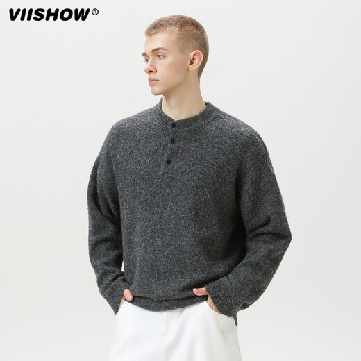 Viishow American Henry Collar Sweater Men's Autumn and Winter 2025 New Warm Sweater Jacket with Sweater Inside Carbon Gray XL