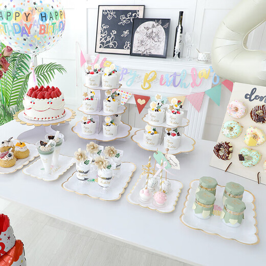 He Jiagong birthday arrangement dessert table ornaments wedding display shelf disposable three-layer table cake tray snack rack white dessert table large wave white package 70