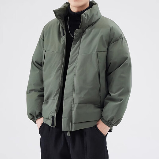 Cotton jacket men's winter solid color stand collar cotton jacket men's casual trendy jacket warm cotton jacket jacket men black M