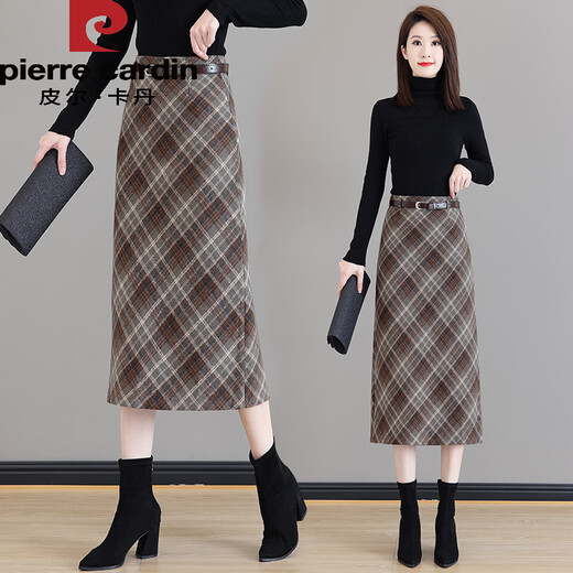 Pierre Cardin plaid woolen skirt for women 2025 autumn and winter new style high-waisted mid-length a-line thickened one-step hip skirt plaid M 27