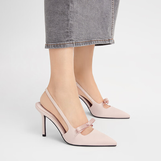 CHARLES&KEITH缎面蝴蝶结尖头高跟凉鞋女生日礼物CK1-60361556 Light Pink浅粉色 35