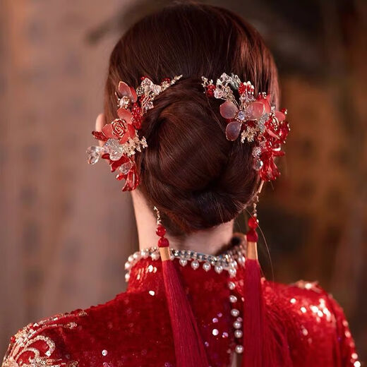 Lingchuan Chinese style bridal ear-hook hair accessories red crystal flower tassel Xiuhe headdress wedding cheongsam accessories hair accessories pair