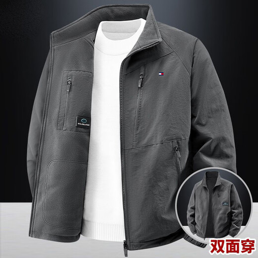 TOMMYBULL American Tommy Tommy autumn and winter men's velvet thickened jacket casual warm stand-up collar casual jacket top dark gray (reversible plus velvet style)-96858 2XL 145-160Jin Jin equals 0.5 kg