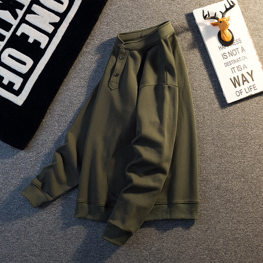 Kuraishi Kazuki autumn and winter American retro military green sweatshirt men's velvet thickened Henry collar long-sleeved bottoming shirt loose jacket military green M
