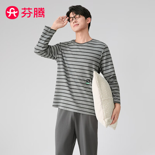Fenton Pajamas Couple Class A Pure Cotton 2025 Season New Antibacterial Skin Friendly Round Neck Long Sleeve Pajamas Casual Home Wear Set Dark Gray - Men's L