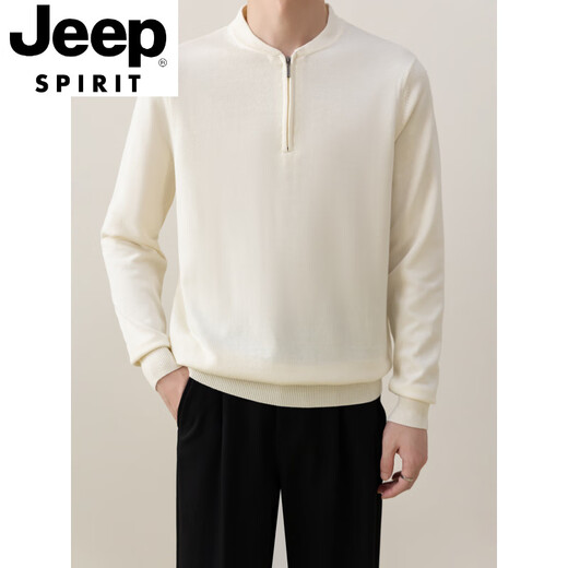 JEEP SPIRIT men's half-zip Henry collar sweater cardigan blended long-sleeved knitted sweater casual business autumn and winter new style off-white M