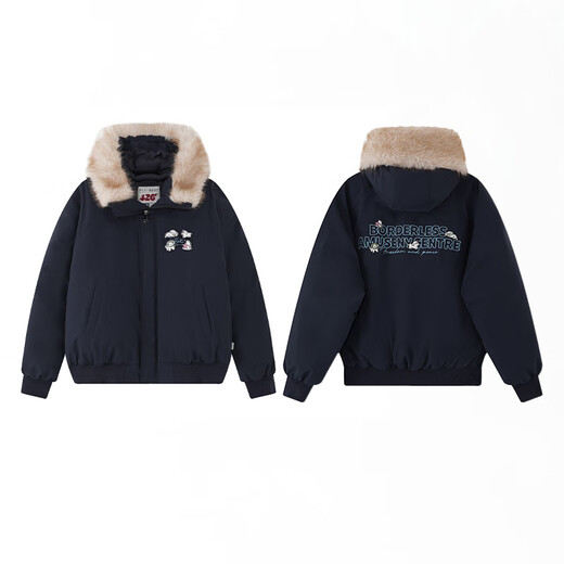 F426 national fashion brand winter new casual loose hooded simple fur collar Velcro cotton jacket navy blue M