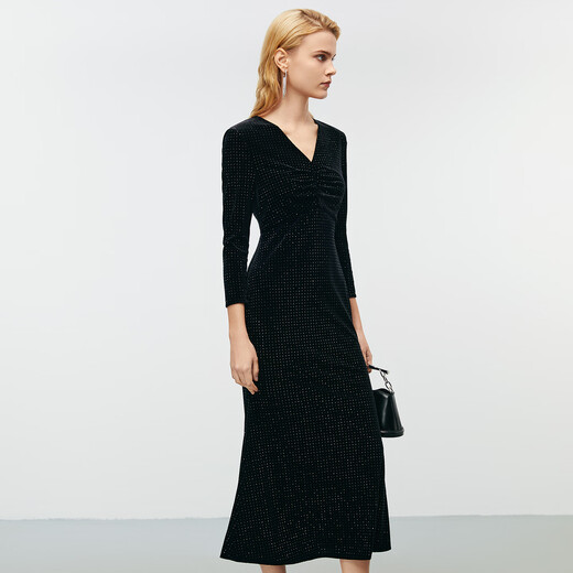 EITIE exquisite light luxury high-end velvet V-neck fishtail dress long skirt autumn and winter new banquet women's skirt 8077704 minimalist black 20 L (165)