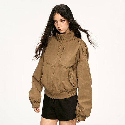 AAISUP American khaki workwear lapel jacket for women 2025 autumn high-end casual versatile stand-up collar cardigan jacket khaki S