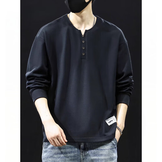 Dragon Tooth 320g Heavy Cotton Bottoming Shirt Men's 2025 Autumn New Henley Collar Sweatshirt Men's Long Sleeve Top T-Shirt BN201 Black M 90-110Jin Jin is equal to 0.5 kg