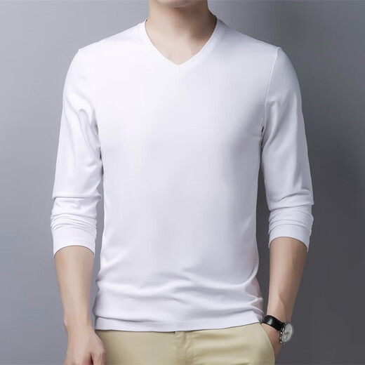 Spring and autumn sweetheart collar plus fat plus size long-sleeved t-shirt for fat men solid color versatile bottoming shirt autumn clothes t white JX2010 3XL 185 (165-180Jin Jin is equal to 0.5 kg)