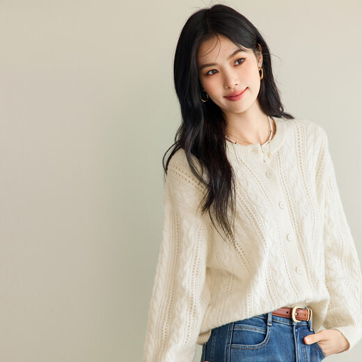 Eveli (eifini) Jiang Xin endorses Eveli fashion simple cable knitted cardigan for women 25 autumn new versatile casual commuting off-white M 105-115Jin Jin equals 0.5 kg